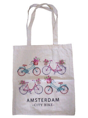 Amsterdam Canvas Tote Bicycle Print Reusable Shopping Bag 15"x16 Souvenir NEW